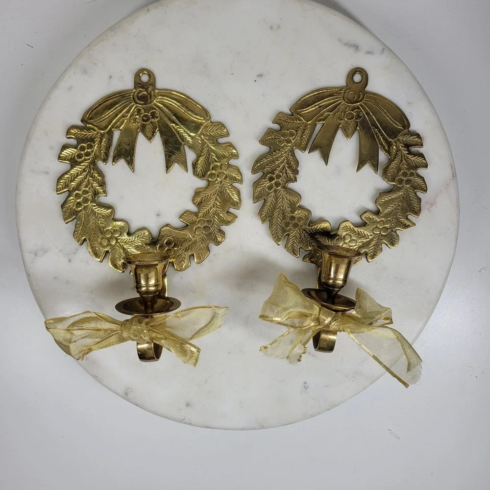 Solid Brass Christmas Wreath Candle Wall Sconces Pair Gold Holly Vintage Holiday